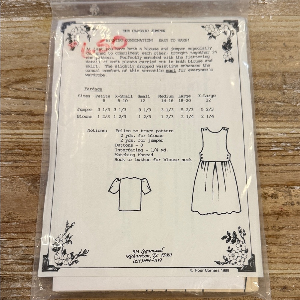 Vintage 1989 Four Corners Classic Jumper Uncut Sewing Pattern